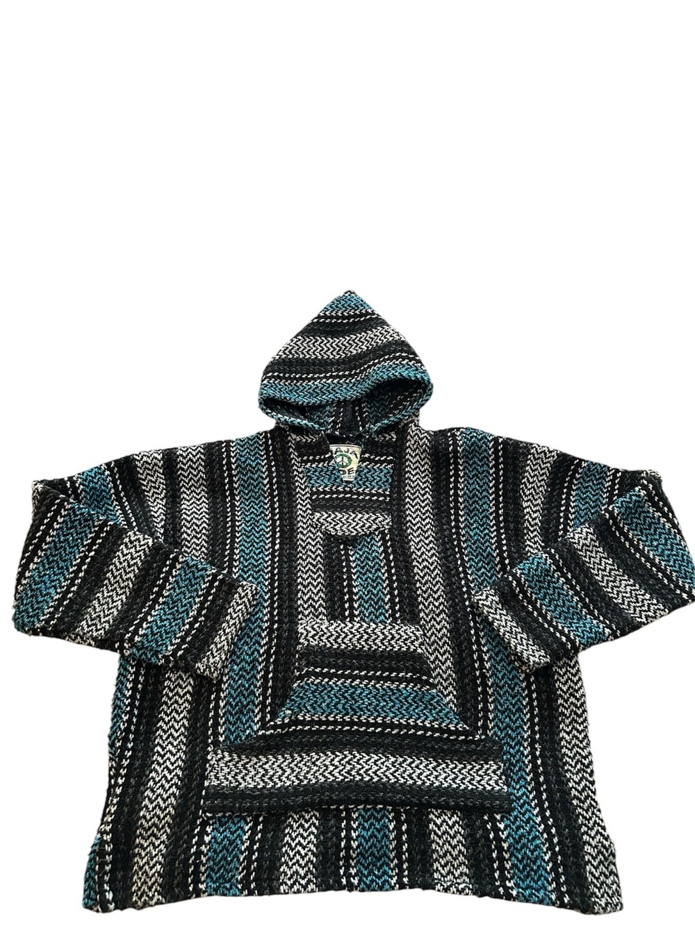 Baja Joe Striped Hooded Baja Pullover in Black, White & Teal